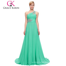 Grace Karin Wholesale A line One Shoulder Aquamarine Chiffon Beaded Long Bridesmaid Dresses CL2949-6